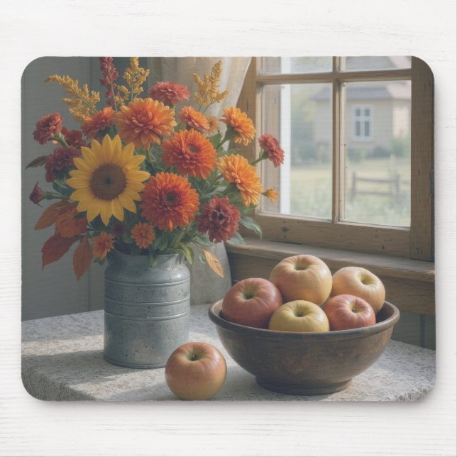 Farmhouse Floral Bouquet and Autumn Apples Mouse Pad (Front)