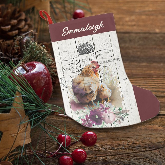 Farmhouse Floral Leghorn Chicken Small Christmas Stocking (Creator Uploaded)