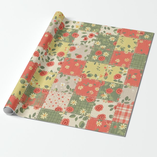 Farmhouse Floral Patchwork Pattern Wrapping Paper (Unrolled)