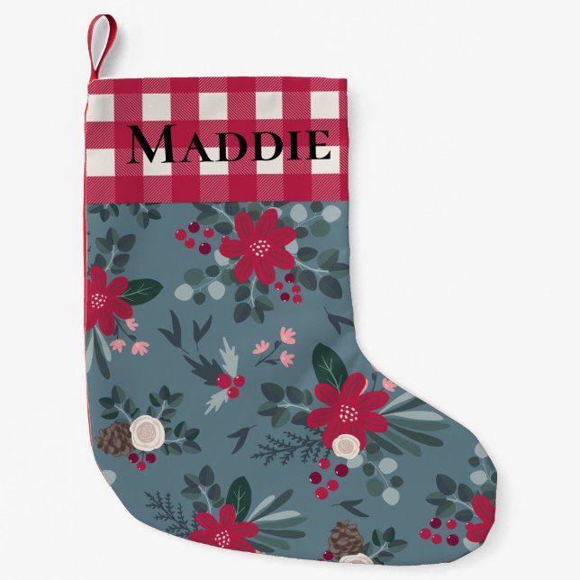 Farmhouse Floral & Red White Gingham Country Name Small Christmas Stocking (Front)