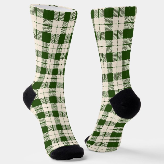 Farmhouse forest green off white plaid Christmas Socks (Angled)
