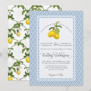Farmhouse Garden Lemon BOHO Citrus Blue and White Invitation
