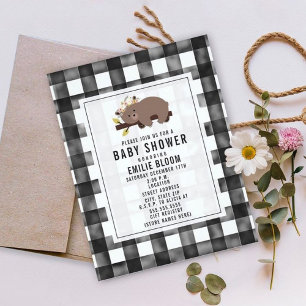 Farmhouse Gingham Boho Sleepy Bear Baby Shower Invitation