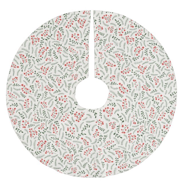 Farmhouse green red cream foliage pattern cute brushed polyester tree skirt (Front)