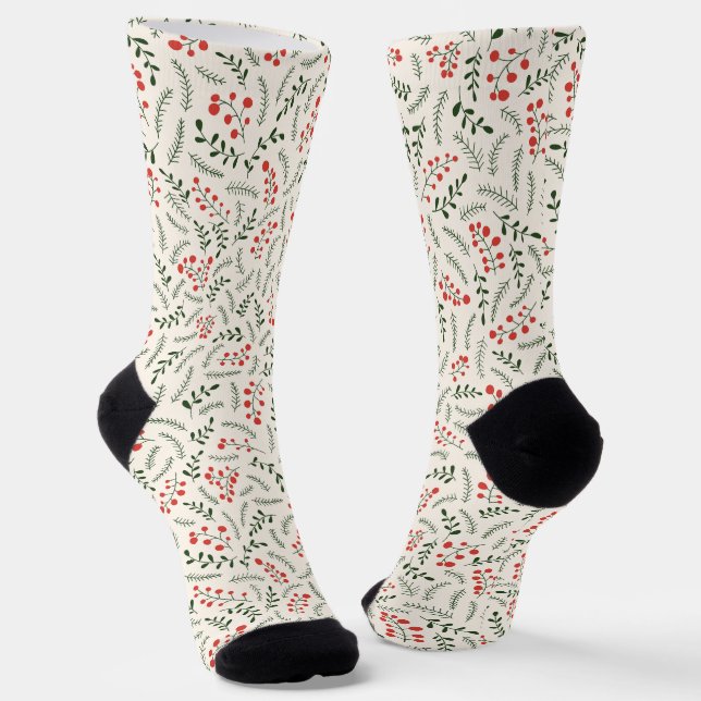Farmhouse green red cream foliage pattern cute socks (Angled)