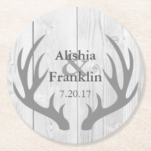 Farmhouse Grey Antlers Bride & Groom Wedding Date Round Paper Coaster