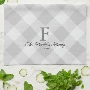 Farmhouse Grey Buffalo Check Personalised Family Tea Towel