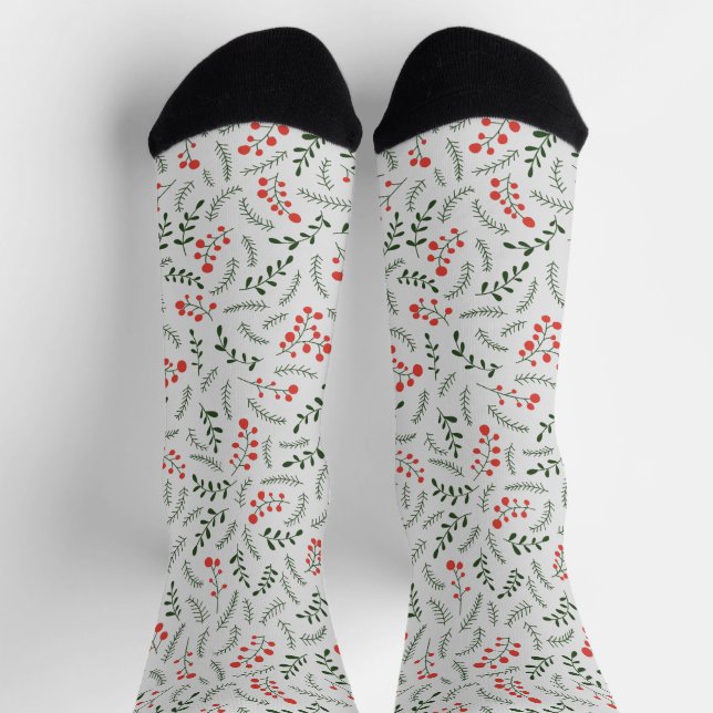 Farmhouse grey dark green red foliage pattern cute socks (Top)