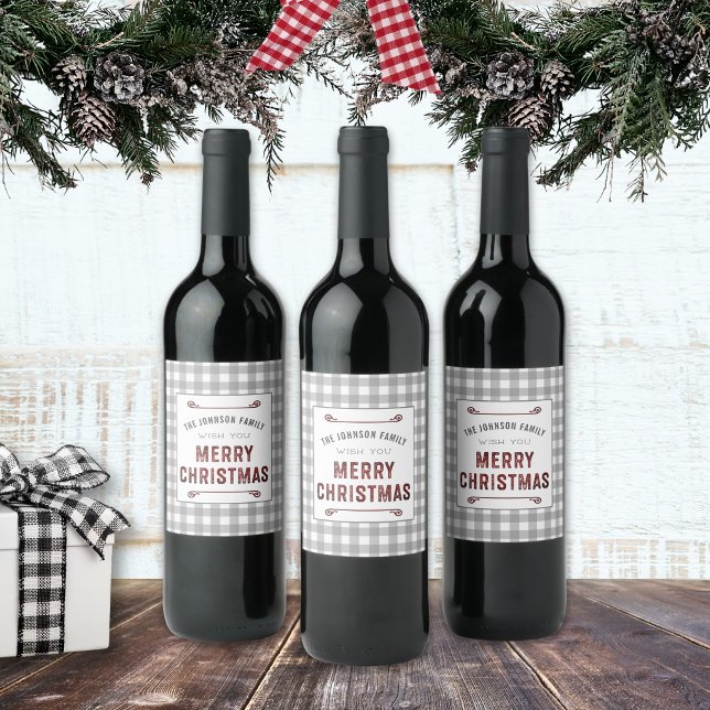 Farmhouse Grey Gingham Merry Christmas Wine Label (Creator Uploaded)