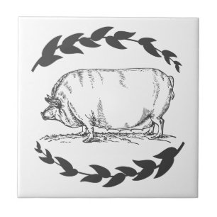 Farmhouse Grey Sow Pig & Laurels Ceramic Tile