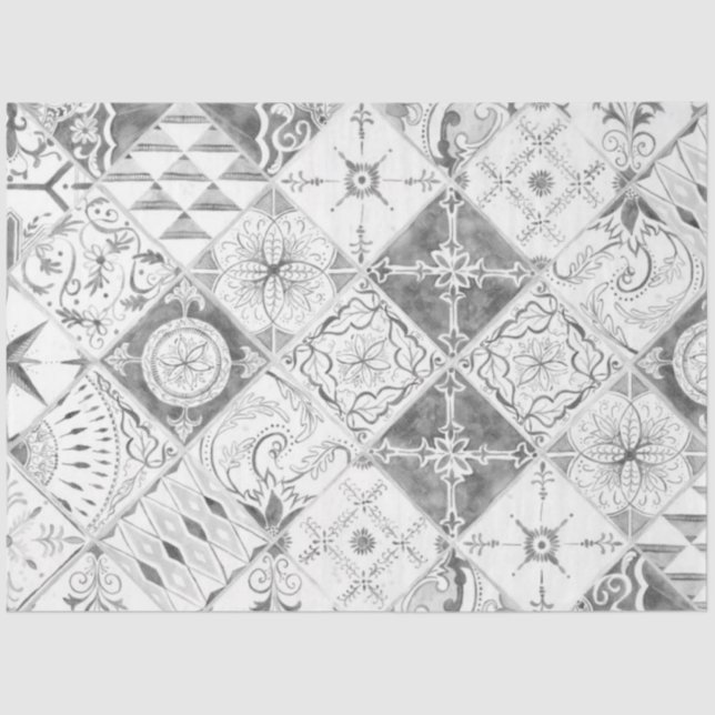 Farmhouse Grey White Diamond Tile Wood Decoupage Tissue Paper (Front)