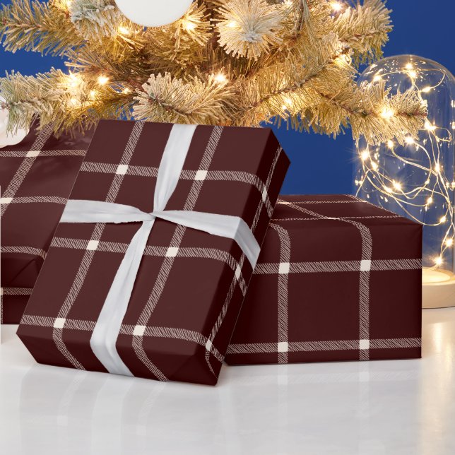 Farmhouse hand drawn plaid pattern maroon wine wrapping paper (Holidays)