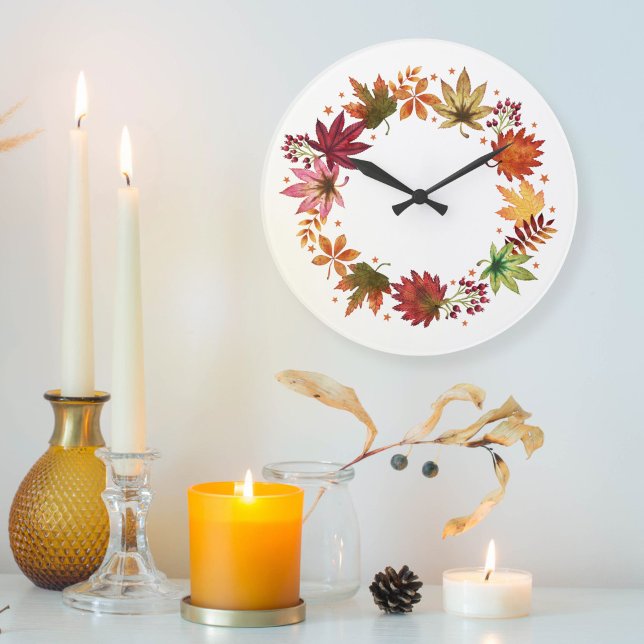 Farmhouse Harvest Fall Autumn Leaves Wreath Large Clock (Farmhouse Harvest Fall Autumn Leaves Wreath Large Clock)