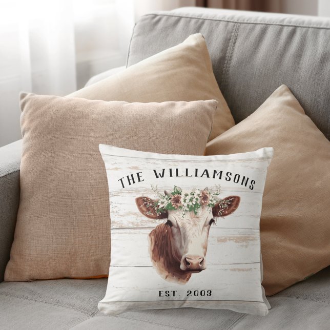 Farmhouse Highland Cow Family Name  Cushion (Creator Uploaded)