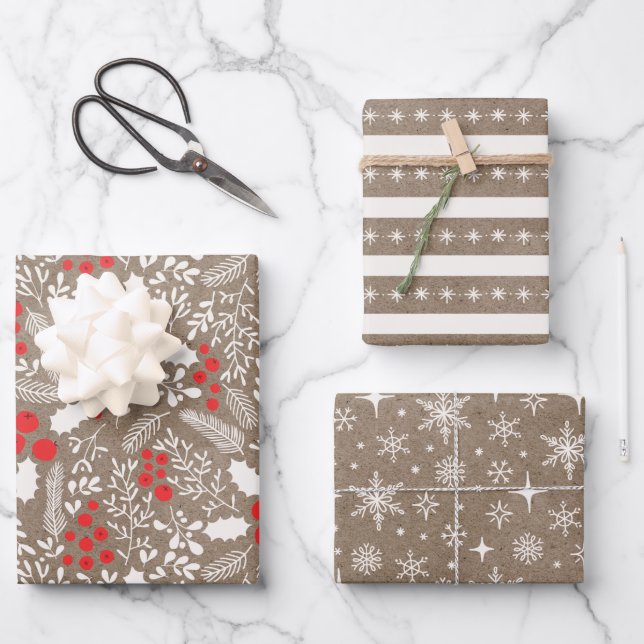 Farmhouse Holly Berries  White Rustic Kraft Wrapping Paper Sheet (Front)