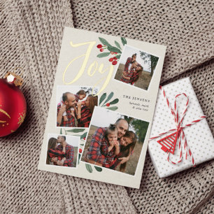 Farmhouse Holly   Christmas Photo Collage Foil Holiday Card