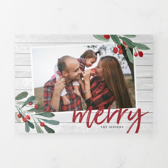 Farmhouse Holly | Multi Photo Tri-Fold Holiday Card (Cover)