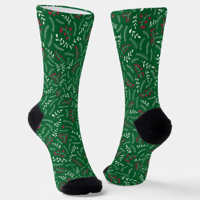 Farmhouse hunter green rustic foliage pattern cute socks (Angled)