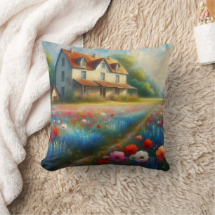 Farmhouse in a field of flowers cushion