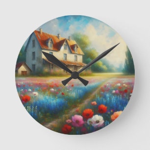 Farmhouse in a field of flowers round clock