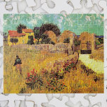 Farmhouse in Provence by Vincent van Gogh Jigsaw Puzzle<br><div class="desc">Farmhouse in Provence by Vincent van Gogh is a vintage fine art post impressionism architectural painting featuring a landscape with a farmer in the meadows and a gate leading to a farm in the south of France. About the artist: Vincent Willem van Gogh was a Post Impressionist painter whose work...</div>