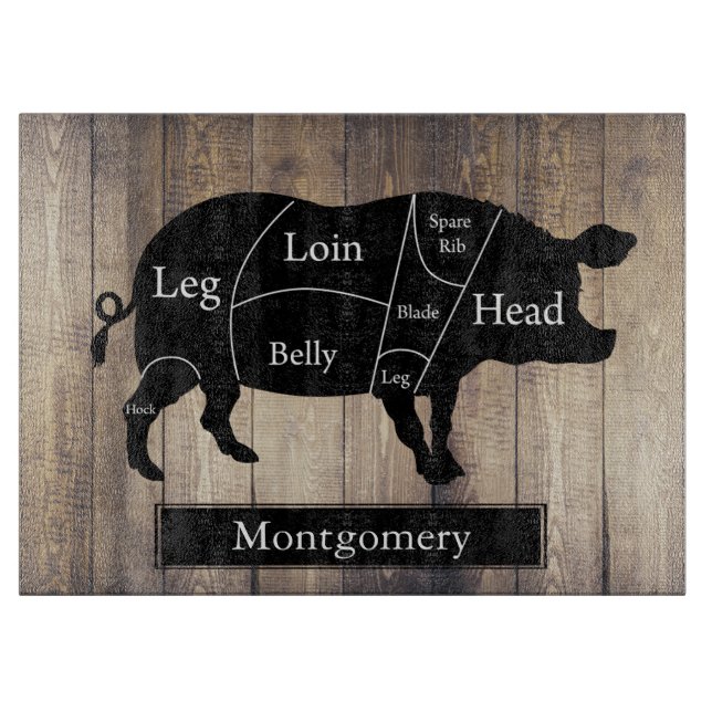 Farmhouse Industrial Pig Butcher Chart Family Name Cutting Board (Front)