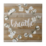 Farmhouse Inspiration - Breathe Ceramic Tile<br><div class="desc">Farmhouse Inspiration II by Jennifer Paxton Parker. Features the word "Breathe" in cursive alongside a cotton wreath and wood plank background.</div>