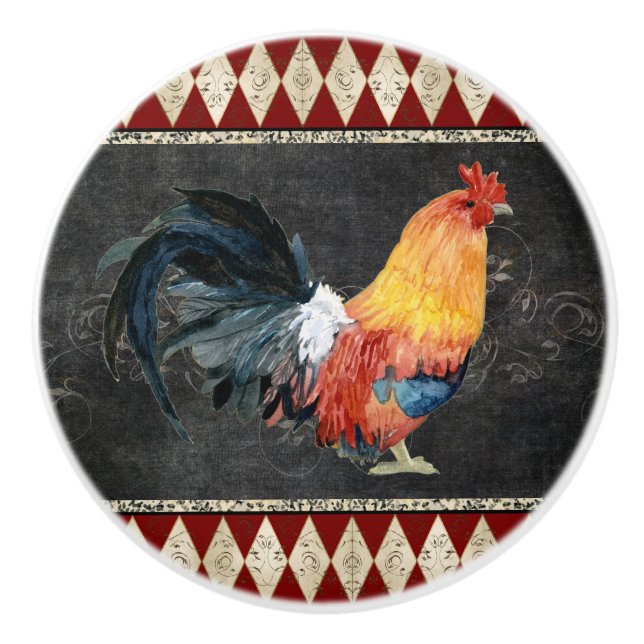 Farmhouse Kitchen Rooster Red Gold Blue Chalkboard Ceramic Knob (Front)