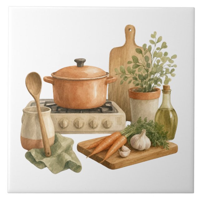 Farmhouse Kitchen Watercolor Ceramic Tile (Front)