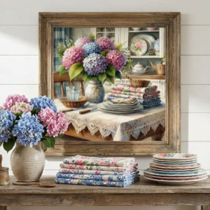 Farmhouse Kitchen with Hydrangea Flowers Poster