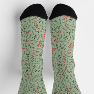 Farmhouse laurel green red foliage pattern cute socks