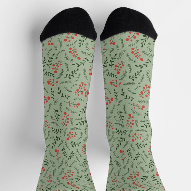 Farmhouse laurel green red foliage pattern cute socks (Top)