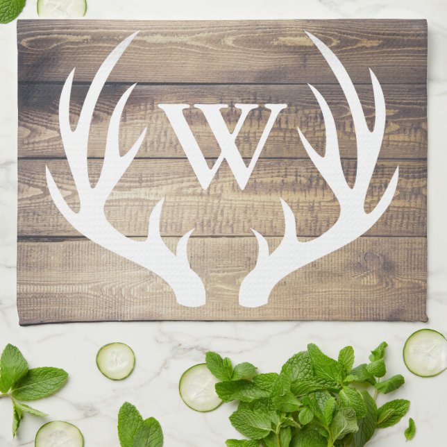 Farmhouse Light Barn Wood Planks Antlers Monogram Tea Towel (Folded)