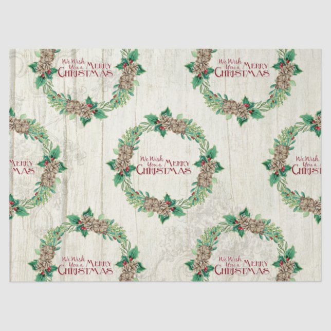 Farmhouse Merry Christmas Wreath Pine Cone Holly  Tissue Paper (Front)