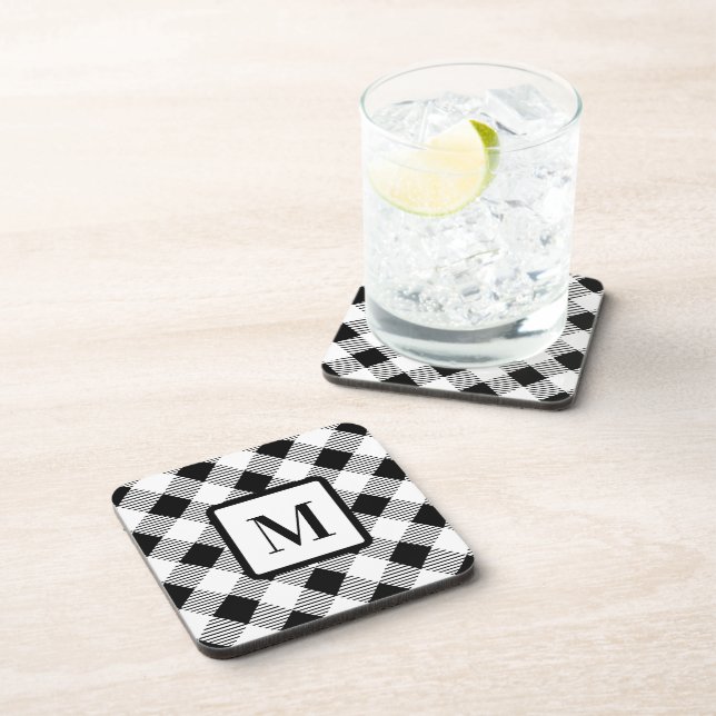 Farmhouse Monogram Black  White Buffalo Plaid Coaster (Right Side)