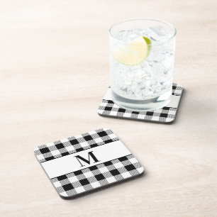 Farmhouse Monogram Black  White Buffalo Plaid Coaster