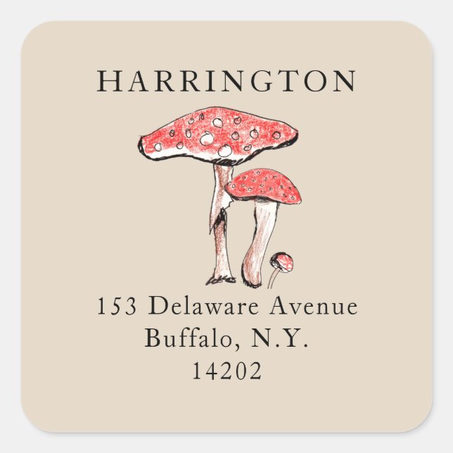 Farmhouse Mushrooms Hand-Illustrated Address Square Sticker (Front)