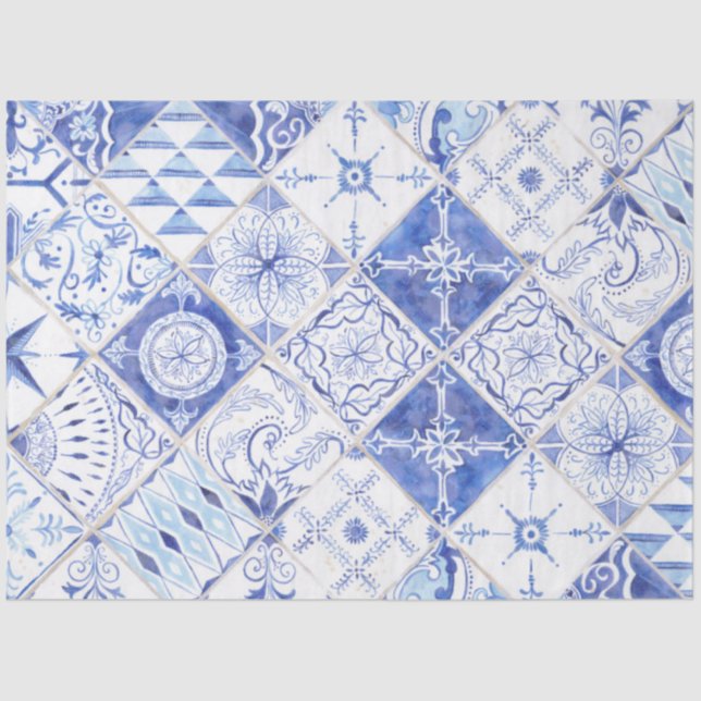 Farmhouse Muted Blue Diamond Tile Wood Decoupage 2 Tissue Paper (Front)