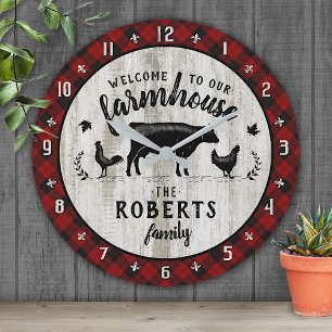 Farmhouse Name Rustic Buffalo Plaid Barn Wood Cow Round Clock