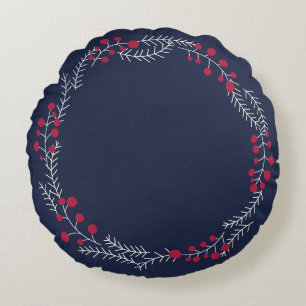 Farmhouse navy blue berries wreath border cute round cushion