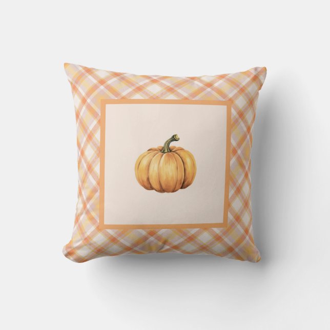 Farmhouse Orange Pumpkin Pastel Plaid Autumn  Cushion (Front)