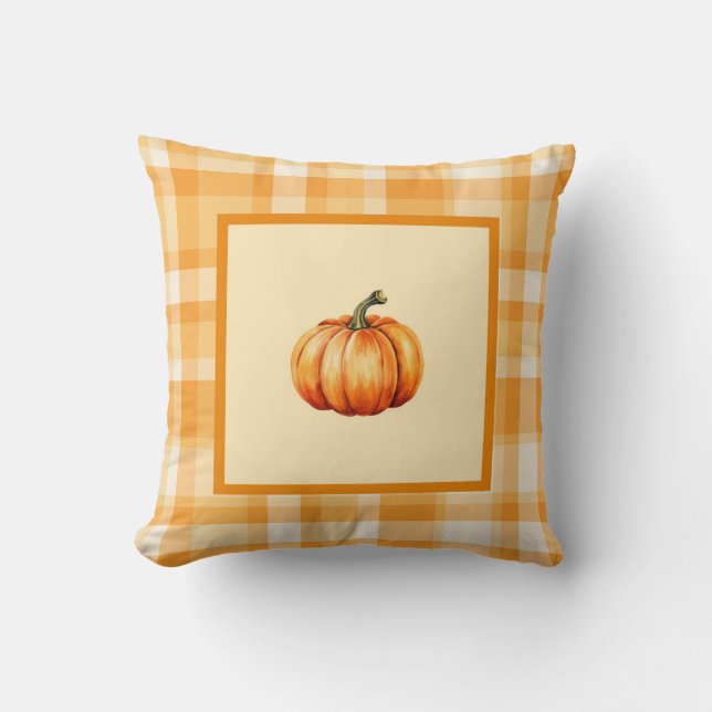 Farmhouse Orange Pumpkin Plaid Fall Home Decor Cushion (Front)
