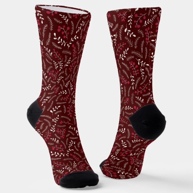Farmhouse oxblood bordeaux rustic foliage pattern socks (Angled)