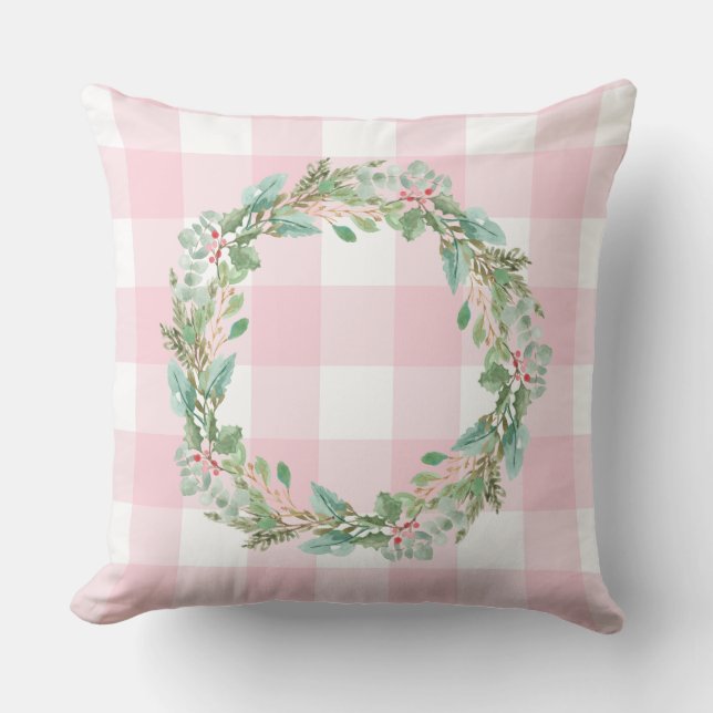 Farmhouse Pastel Pink Check Plaid Christmas Wreath Cushion (Front)
