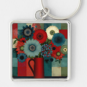 Farmhouse Patchwork Blue Berry Bouquet Key Ring