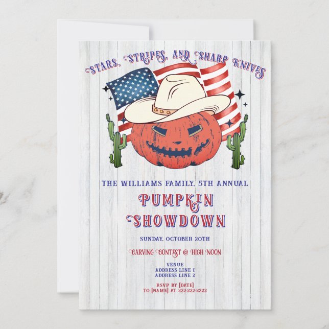 Farmhouse Patriotic Pumpkin Showdown Halloween Invitation (Front)