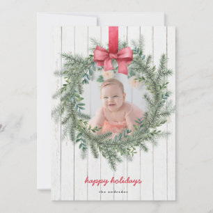 Farmhouse Photo Christmas Wreath Buffalo Check Holiday Card