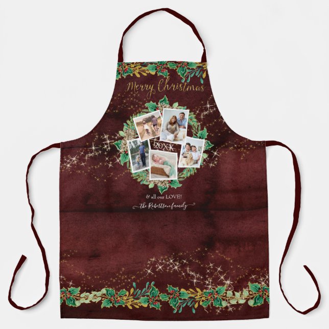 Farmhouse Photo Merry Christmas Gold Stars Foliage Apron (Front)