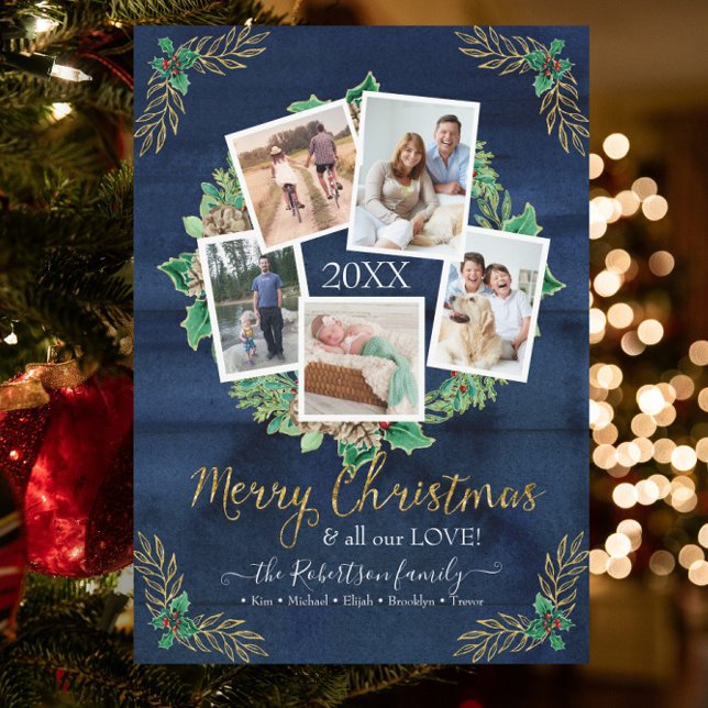 Farmhouse Photo Wreath Christmas Rustic Navy Wood Holiday Card (Creator Uploaded)