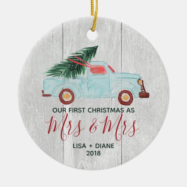 Farmhouse Pickup Truck Rustic Mrs Mrs Gay Newlywed Ceramic Ornament (Front)